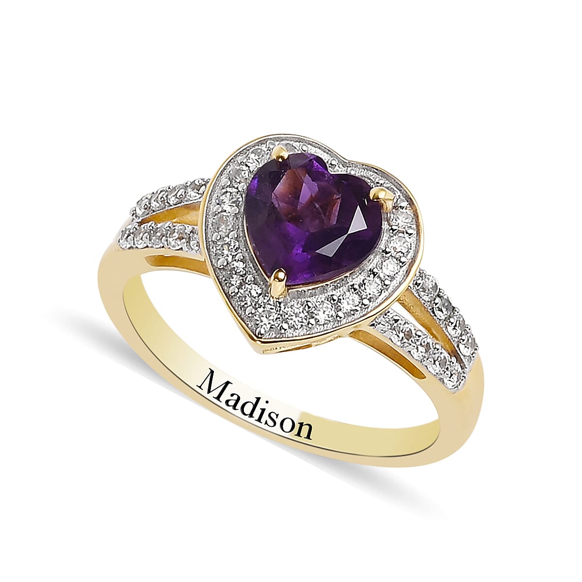 Amethyst, White Zircon Heart Ring in Platinum Over Sterling Silver (Size 6.0) 2.50 ctw