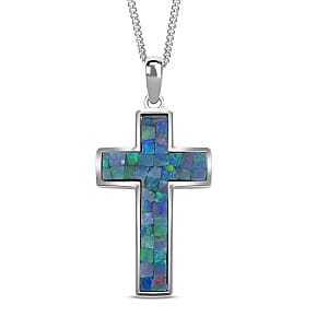 Mosaic Opal Pendant Necklace (18 Inches) in Rhodium Over Sterling Silver 2.50 ctw
