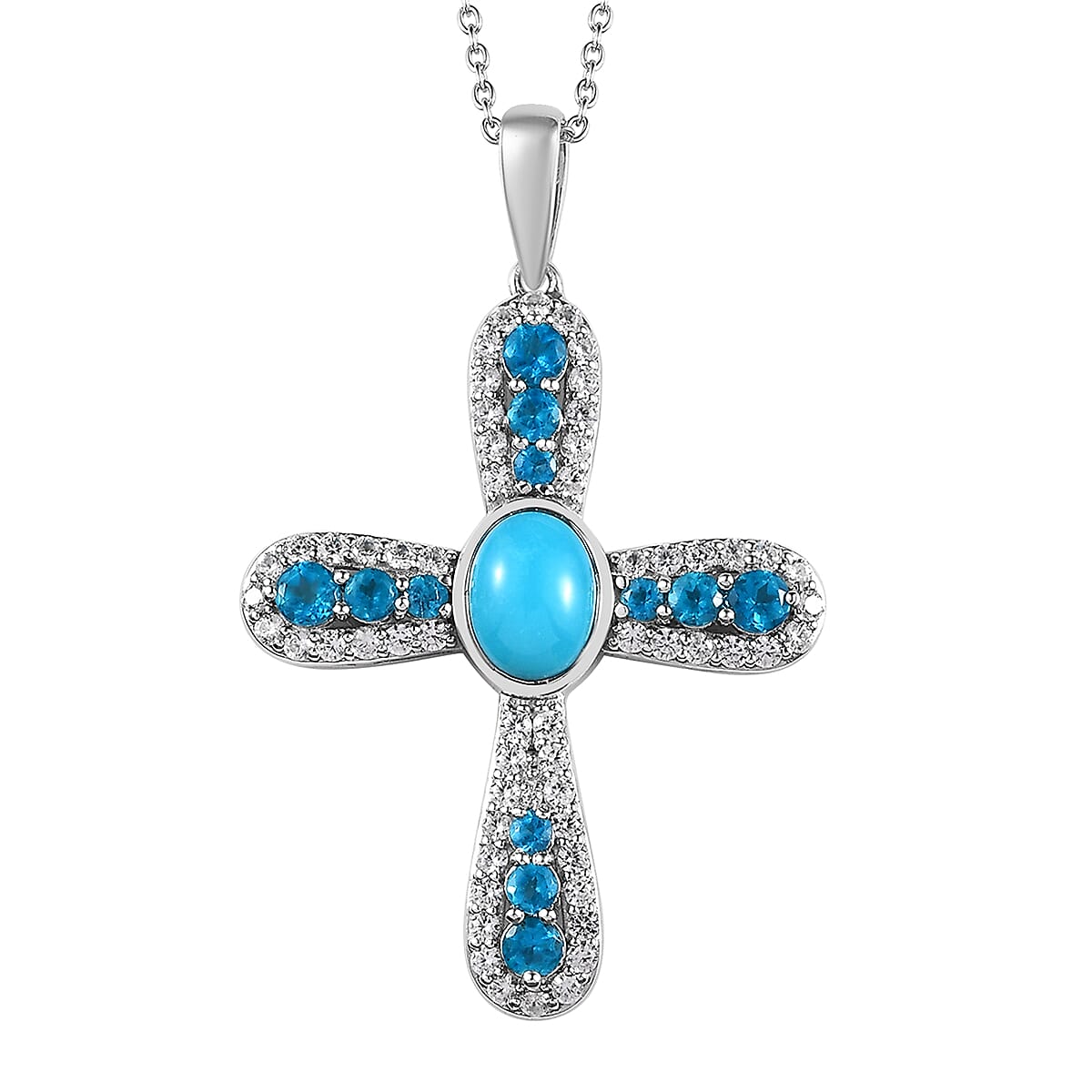 Premium Sleeping Beauty Turquoise, Multi Gemstone Pendant Necklace (20 Inches) in Rhodium Over Sterling Silver 4.60 ctw