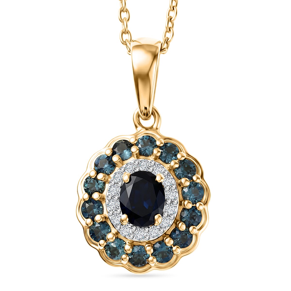 Premium Monte Belo Indicolite, White Zircon Pendant Necklace (20 Inches) in 18K Vermeil YG Over Sterling Silver 1.00 ctw