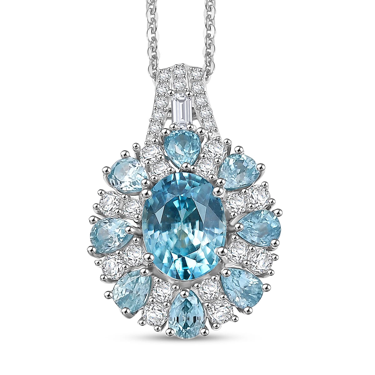 D''Joy Cambodian Blue Zircon, White Zircon Pendant Necklace (20 Inches) in Rhodium Over Sterling Silver 5.75 ctw