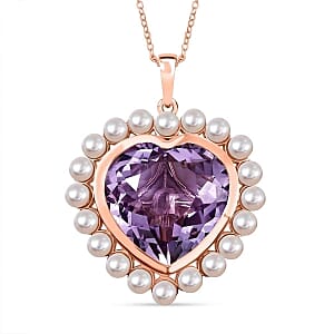 D''Joy Rose De France Amethyst and Freshwater Pearl Pendant Necklace (20 Inches) in 18K Vermeil RG Over Sterling Silver 17.70 ctw