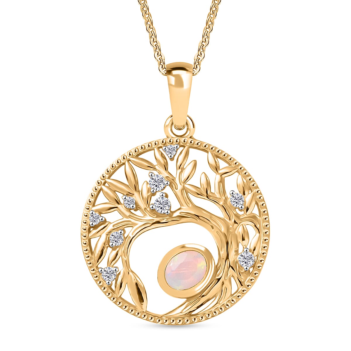 D''Joy Premium Ethiopian Welo Opal, White Zircon Pendant Necklace (20 Inches) in 14K YG Over Sterling Silver 0.40 ctw
