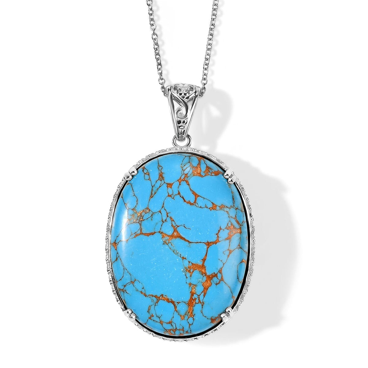 EverTrue Mojave Blue Turquoise Pendant in Platinum Bond with Stainless Steel Necklace (20 Inches) 55.10 ctw