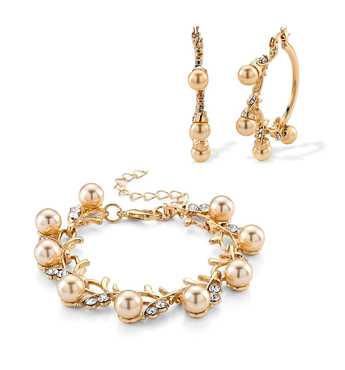 White Shell Pearl and Austrian Crystal Beaded Bracelet (6.5-8.0In) and Earrings in Silvertone