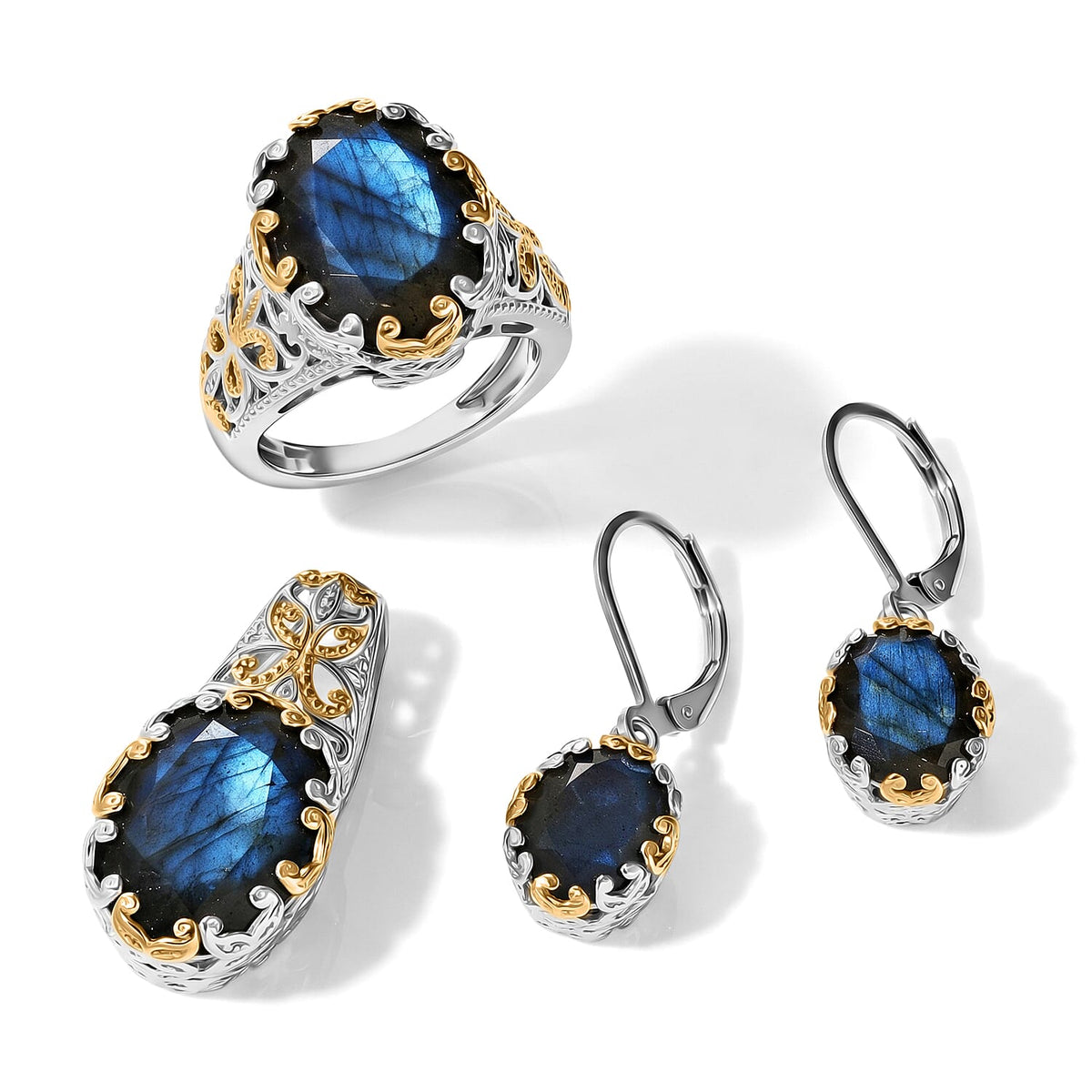 EverTrue Malagasy Labradorite Earrings, Ring (Size 5.0) and Pendant without Chain in 18K YG Plated and Platinum Bond 20.30 ctw