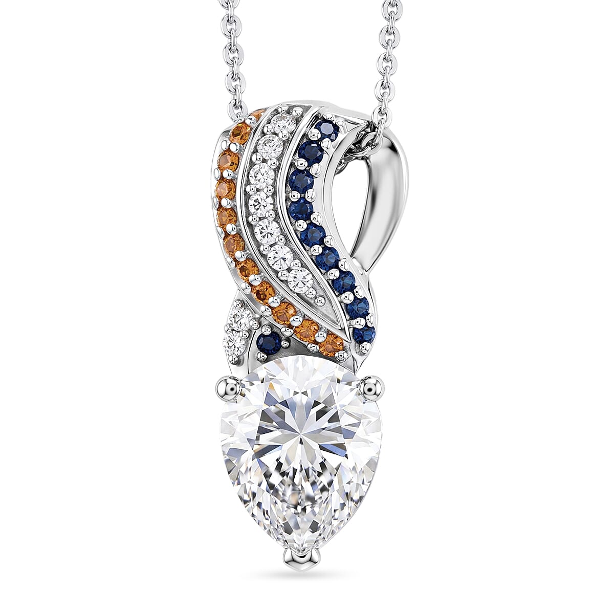 D'Joy Moissanite (Pear 10x8 mm), Multi Gemstone Pendant Necklace (20 Inches) in Rhodium Over Sterling Silver 2.75 ctw