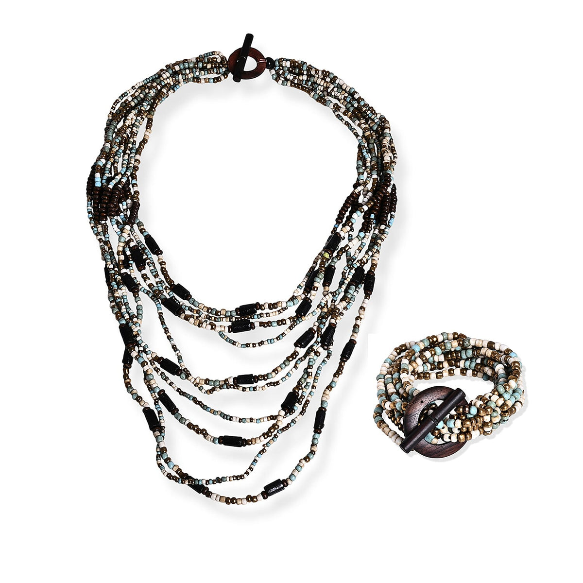 Multi Strand Seed Bead Necklace and Bracelet Set in Seafoam Bronze with Wood Toggle Clasp