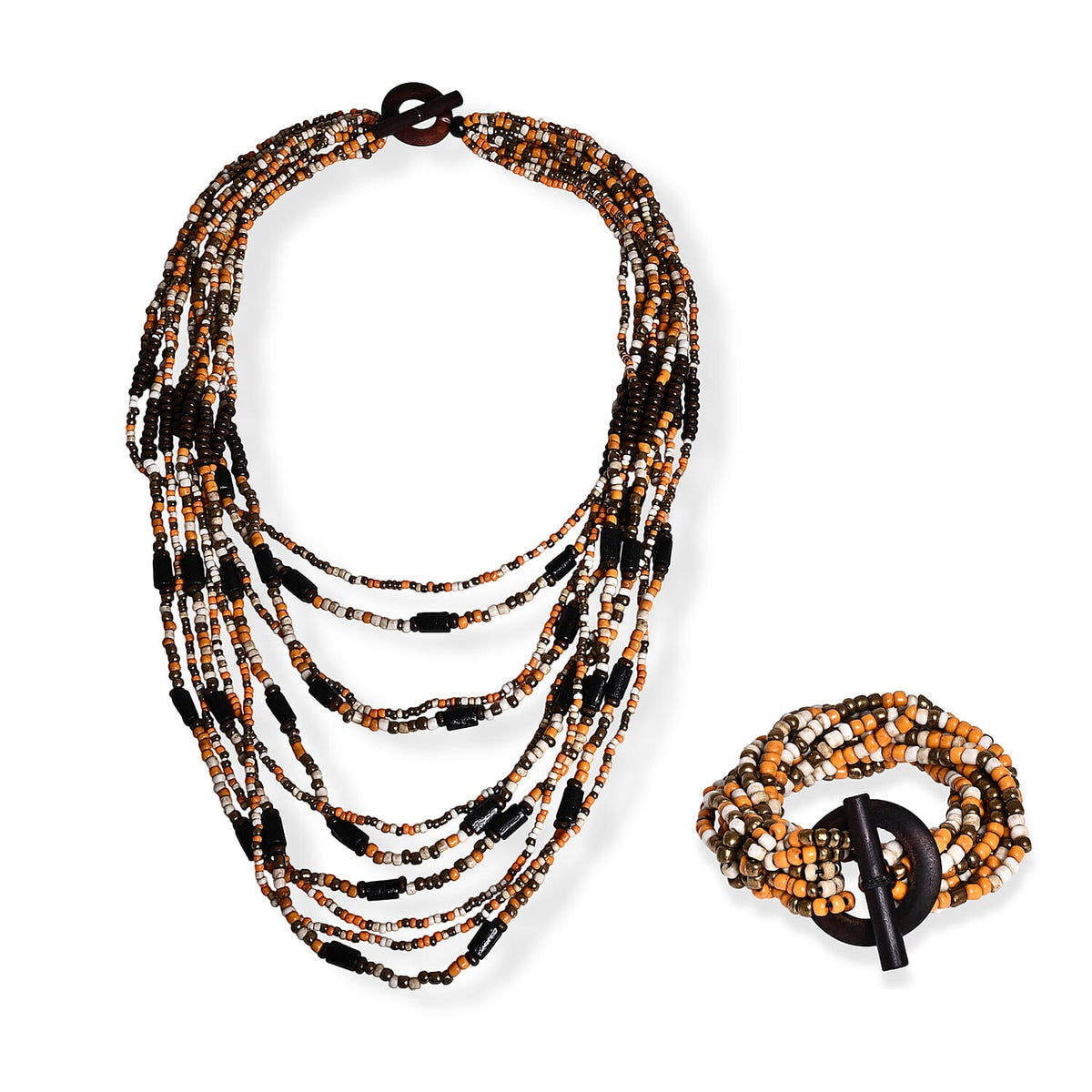 Multi Strand Seed Bead Necklace and Bracelet Set in Seafoam Bronze with Wood Toggle Clasp