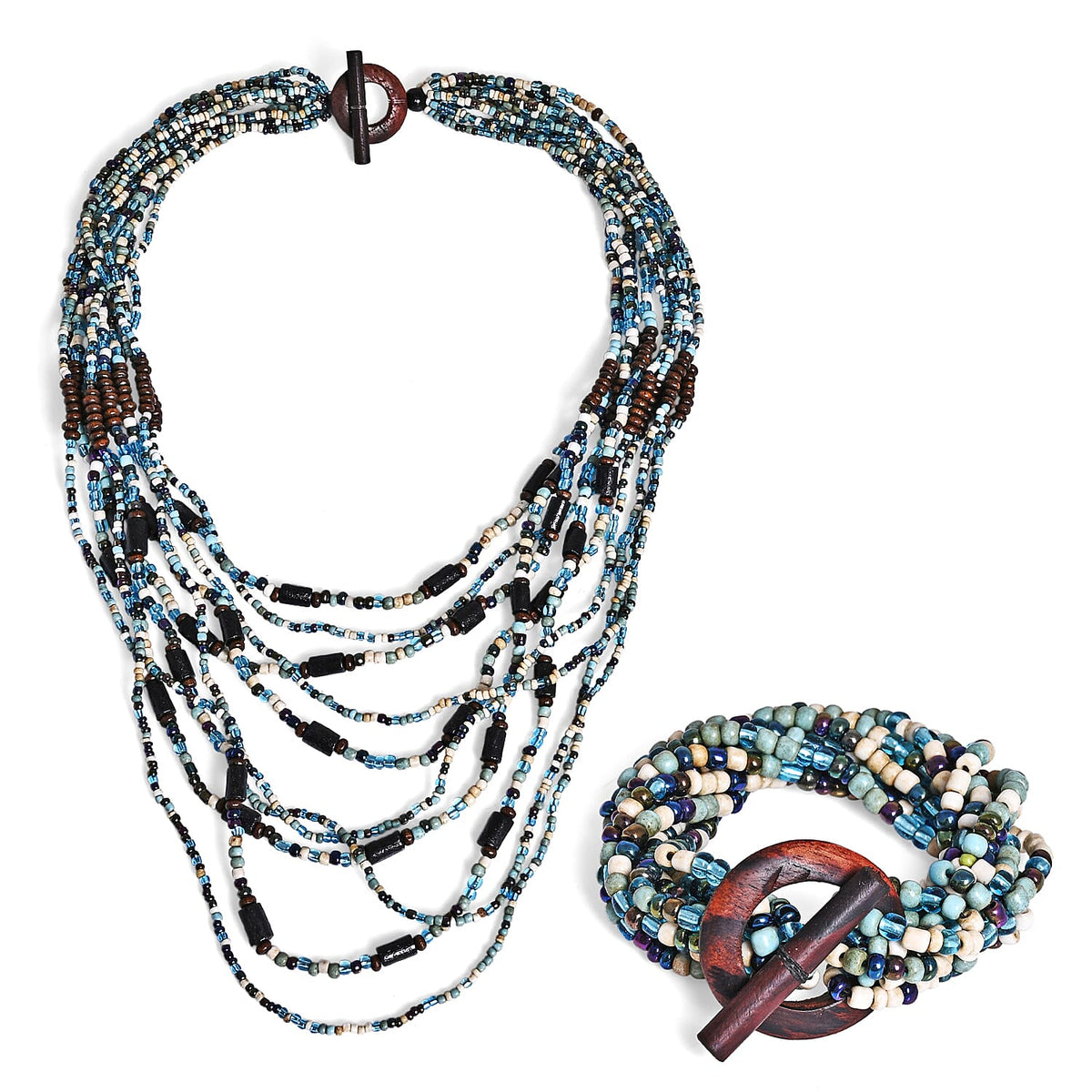 Multi Strand Seed Bead Necklace and Bracelet Set in Seafoam Bronze with Wood Toggle Clasp