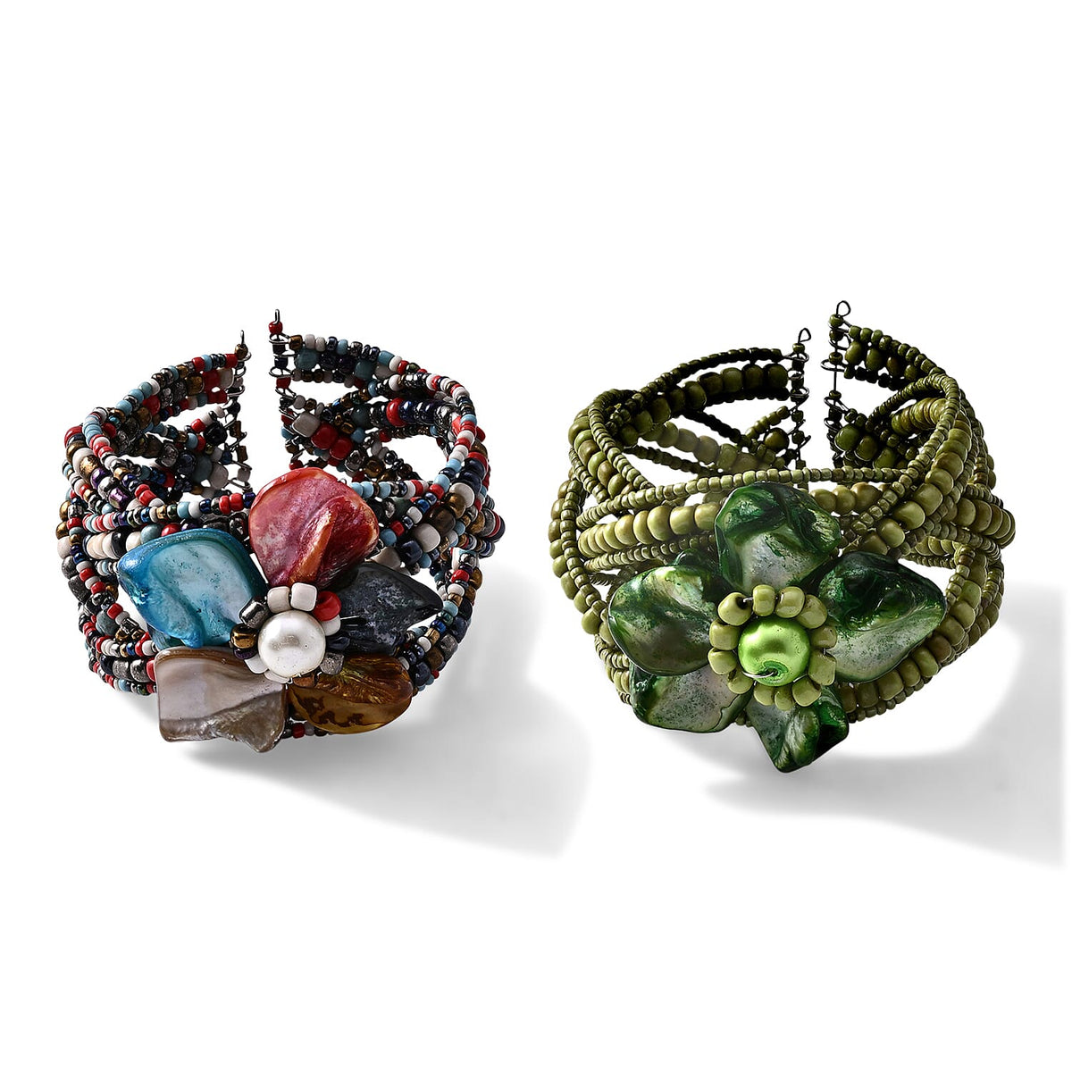 Set of 2 Black and Brown Seed Beaded Cuff Bracelet with Shell Flower (All size)