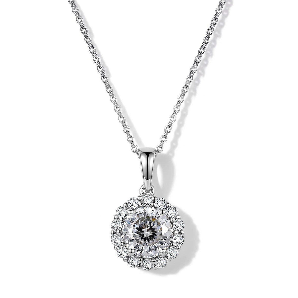 D''Joy Moissanite (Rnd 8mm) Pendant Necklace (20 Inches) in Rhodium Over Sterling Silver 2.30 ctw