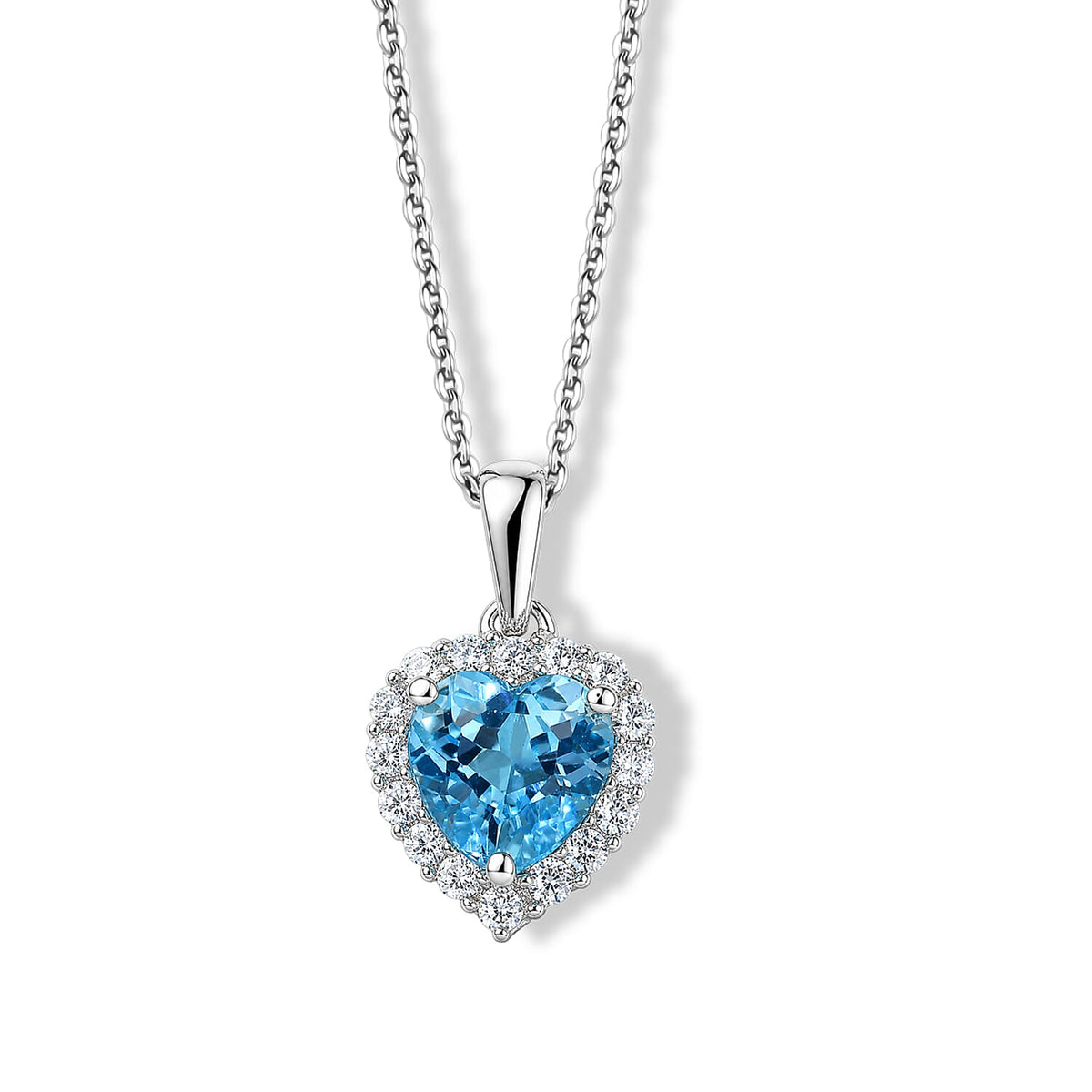 D''Joy Premium Swiss Blue Topaz, White Zircon Pendant Necklace (20 Inches) in Rhodium Over Sterling Silver 1.90 ctw