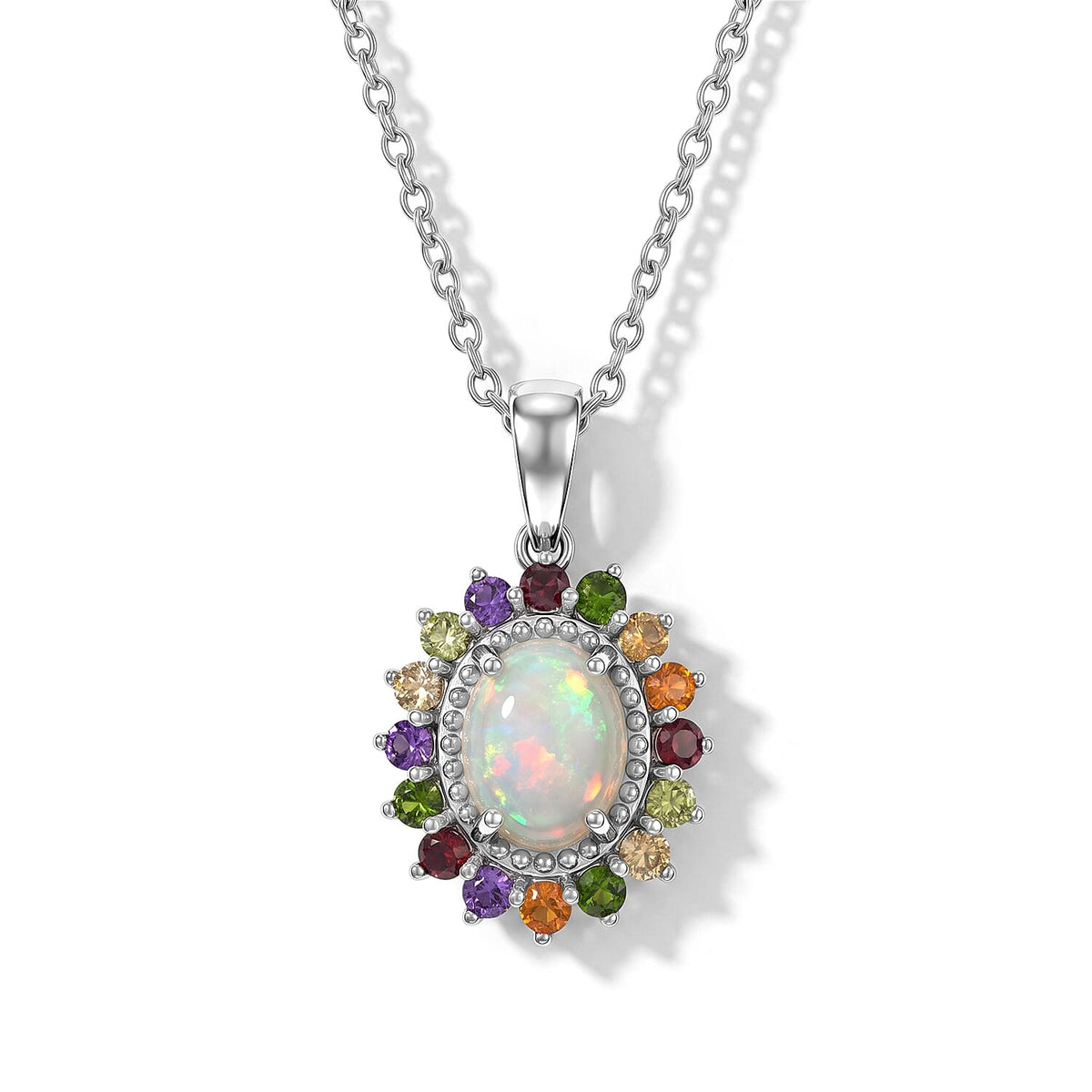 EverTrue Ethiopian Welo Opal and Multi Gemstone 2.00 ctw Pendant in Platinum Bond with Stainless Steel Necklace 20 Inches