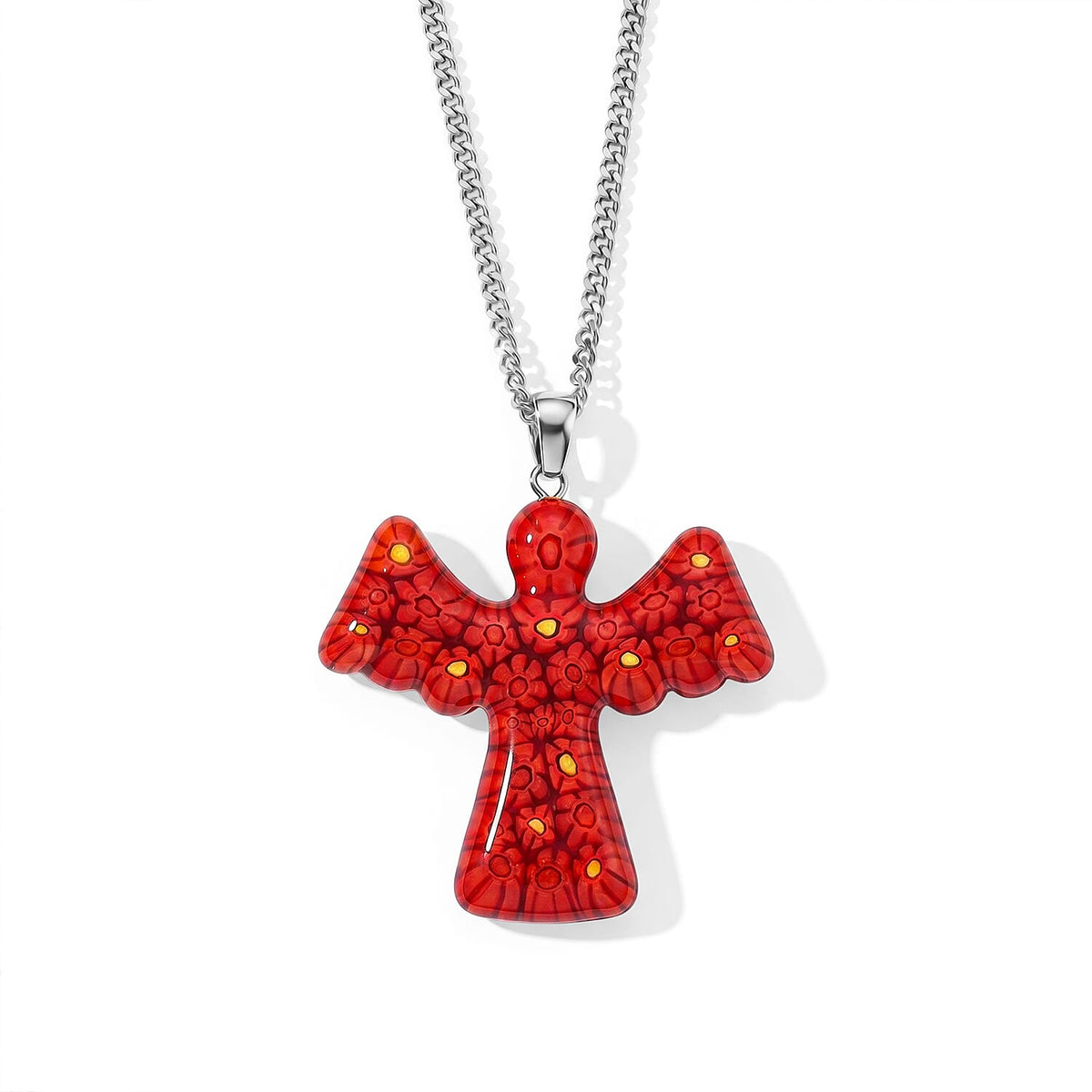 Multi Murano Style Angel Pendant Necklace (20-22 Inches) in Stainless Steel