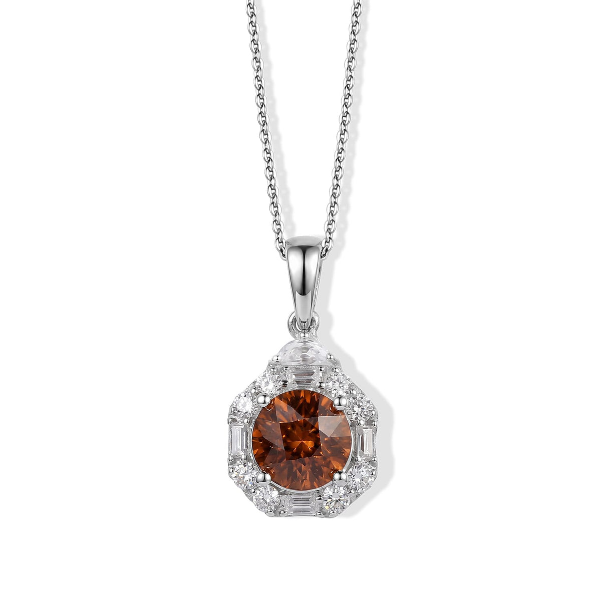 D''Joy Premium Red Zircon, Moissanite Pendant Necklace (18 Inches) in Rhodium Over Sterling Silver 2.75 ctw