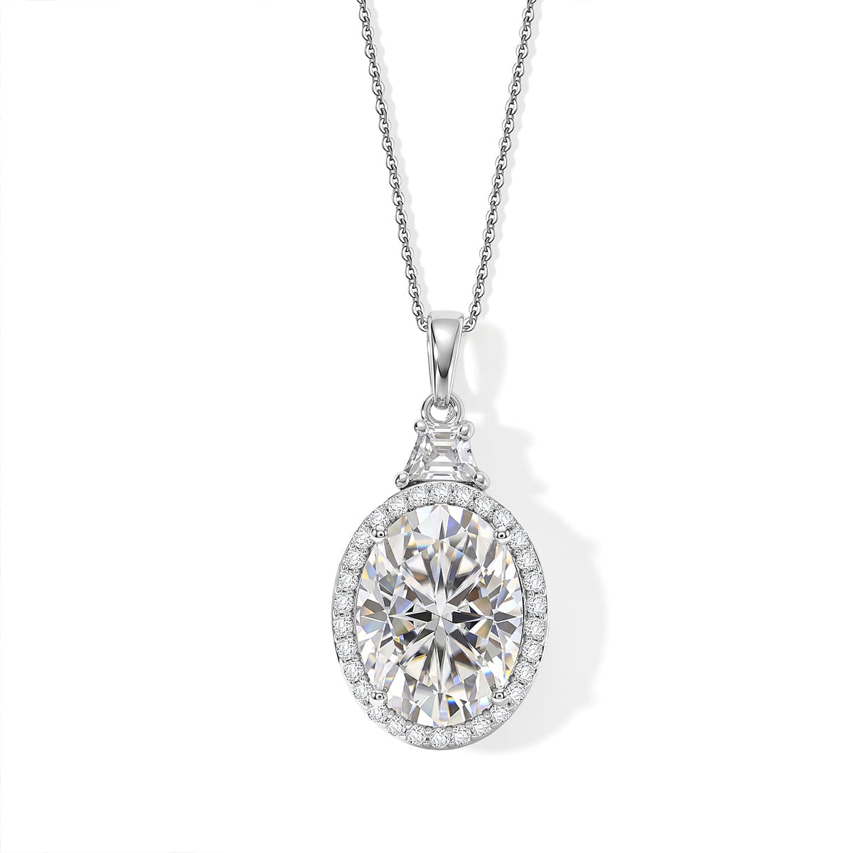 D'Joy Moissanite (Ovl 16x12mm) Halo Pendant Necklace (20 Inches) in Rhodium Over Sterling Silver 10.40 ctw