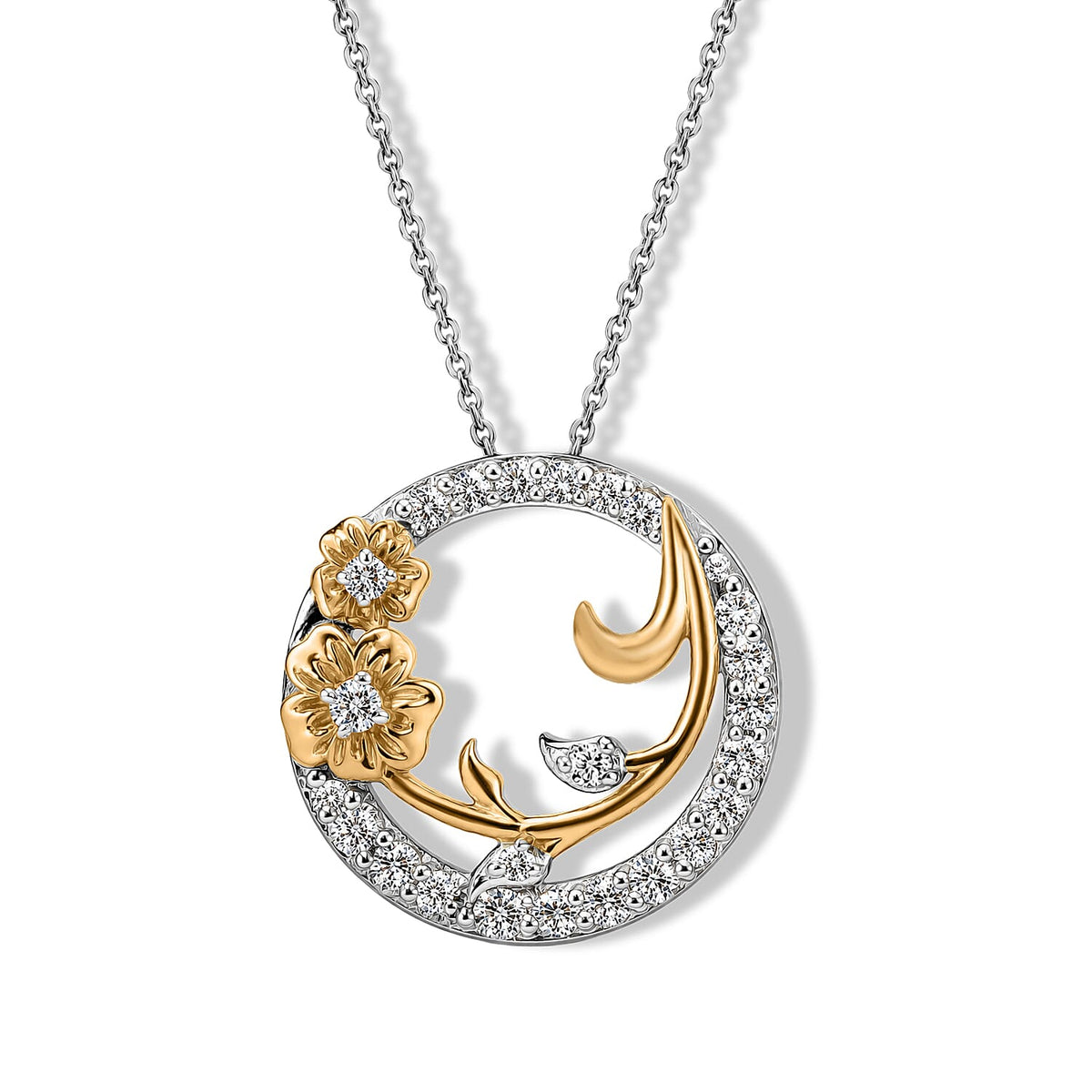 Luxuriant Lab Grown Diamond (G-H, SI) Flower Circle Pendant Necklace (20 Inches) in 18K Vermeil YG and Rhodium Over Sterling Silver 1.00 ctw