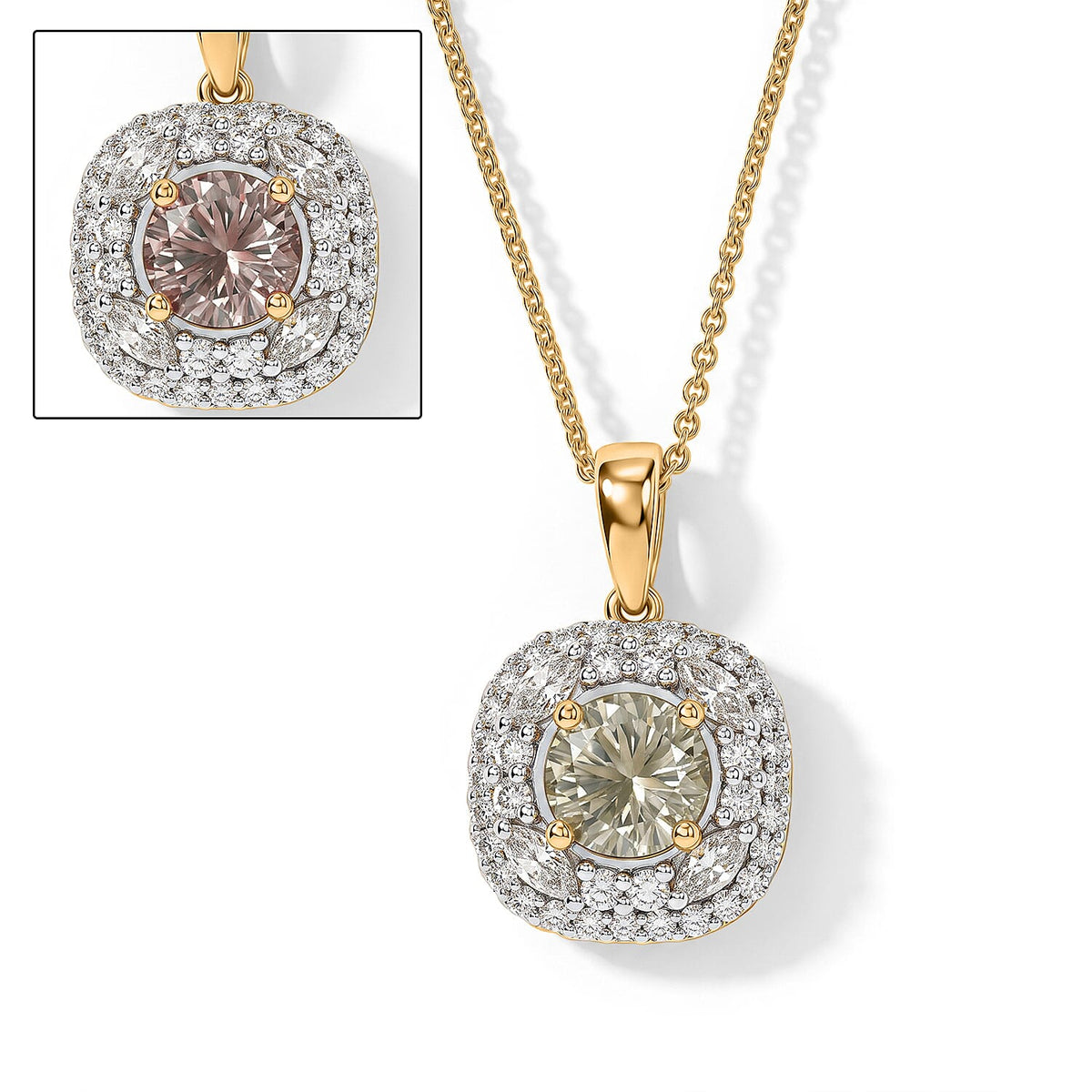D''Joy Hanabi Cut Premium Turkzite, Moissanite Pendant Necklace (18 Inches) in 18K Vermeil YG Over Sterling Silver 1.80 ctw