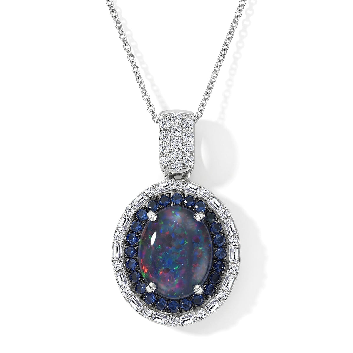 D'Joy Premium Australian Black Ridge Opal, Multi Gemstone Deep Sea Mystique Pendant Necklace (20 Inches) in Rhodium Over Sterling Silver 3.00 ctw