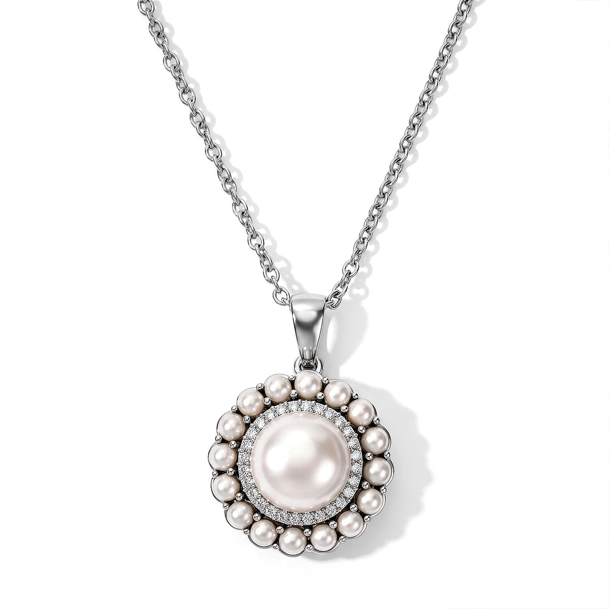 EverTrue Freshwater Pearl and White Zircon 0.25 ctw Pendant in Platinum Bond with Stainless Steel Necklace (20 inches)