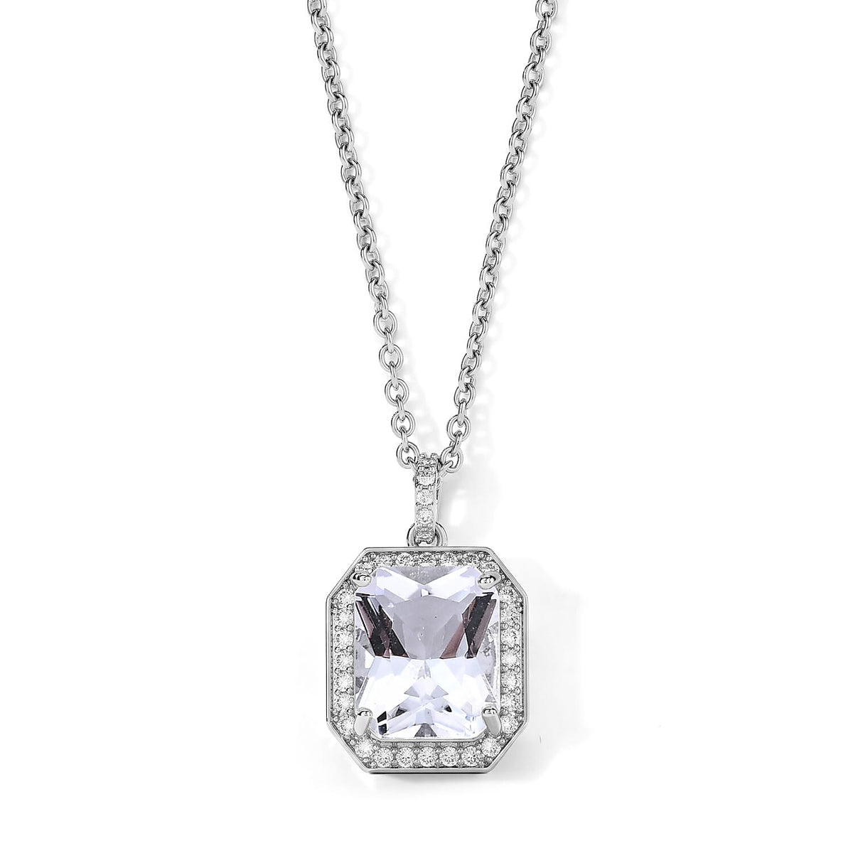White Crystal Quartz and Simulated Diamond 11.00 ctw Pendant in Silvertone with Stainless Steel Necklace 20 Inches