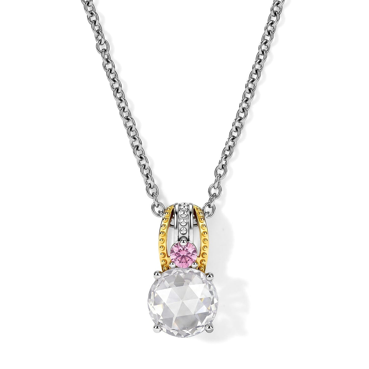 EverTrue Simulated White and Orchid Diamond Pendant in 18K YG Plated and Platinum Bond with Stainless Steel Necklace (20 inches)