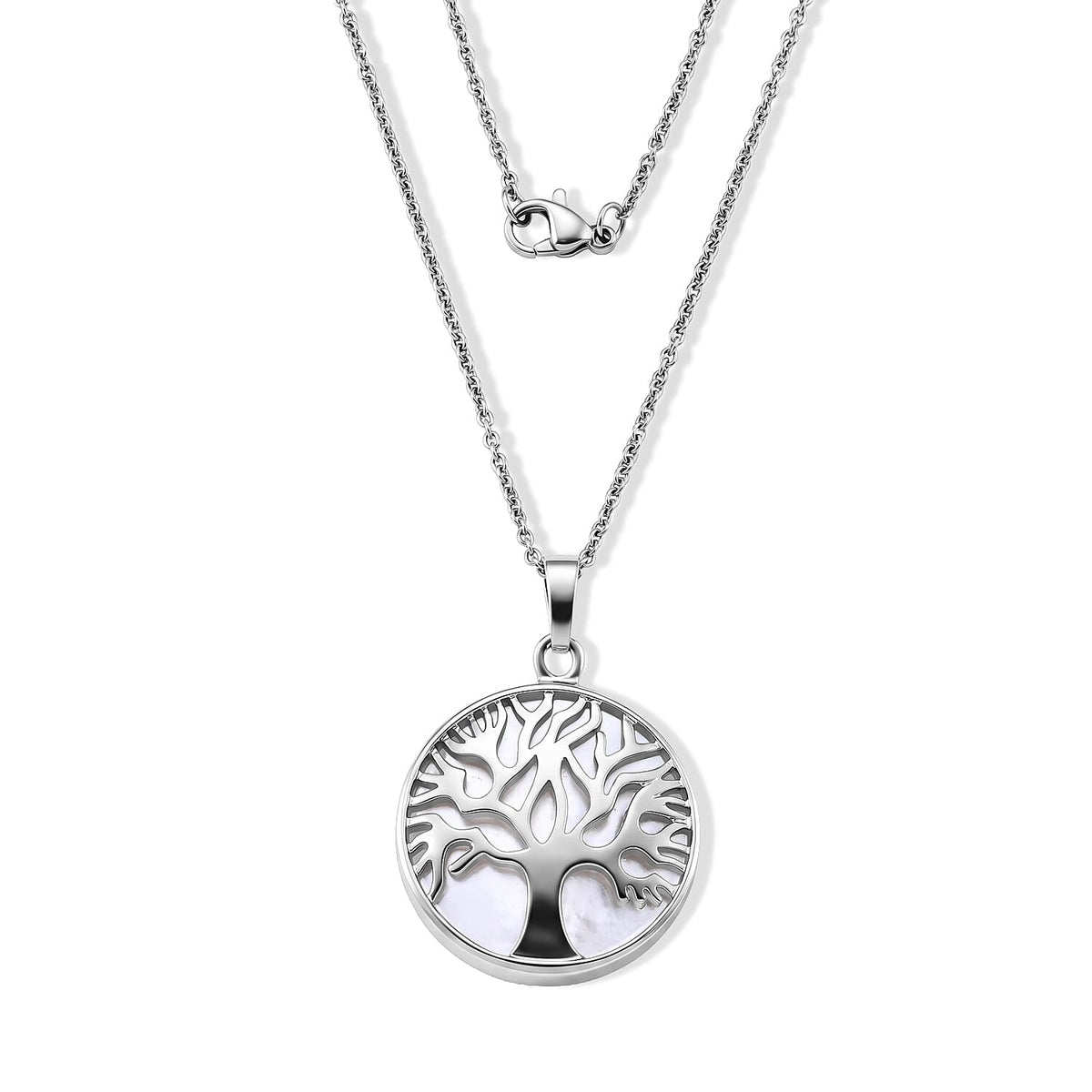 White Mother of Pearl Pendant in Silvertone with Stainless Steel Necklace 20 Inches