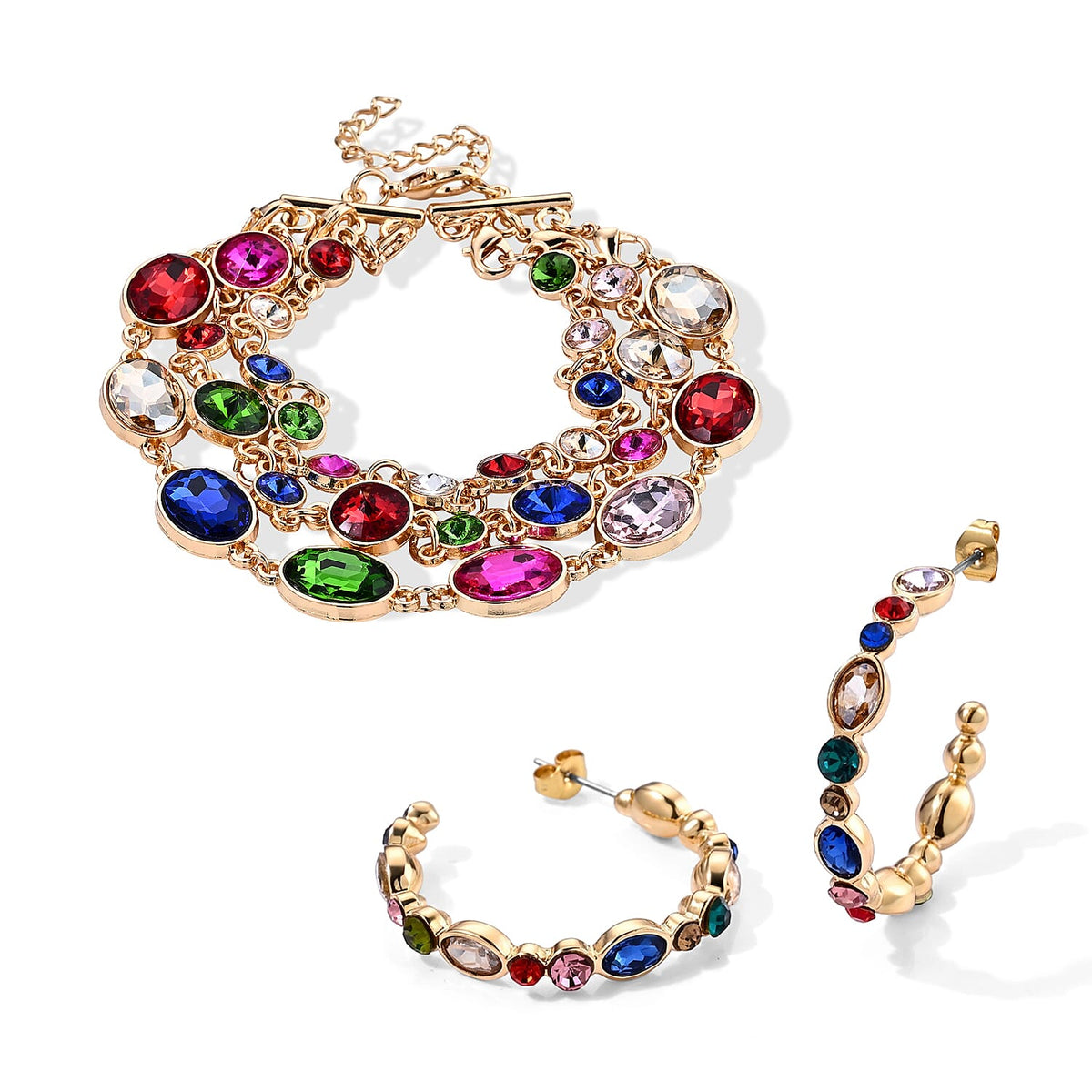 TLV Austrian Multi Color Crystal, Multi Color Glass Earrings and Set of 3 Three Layer Bracelet (7.5In) Goldtone