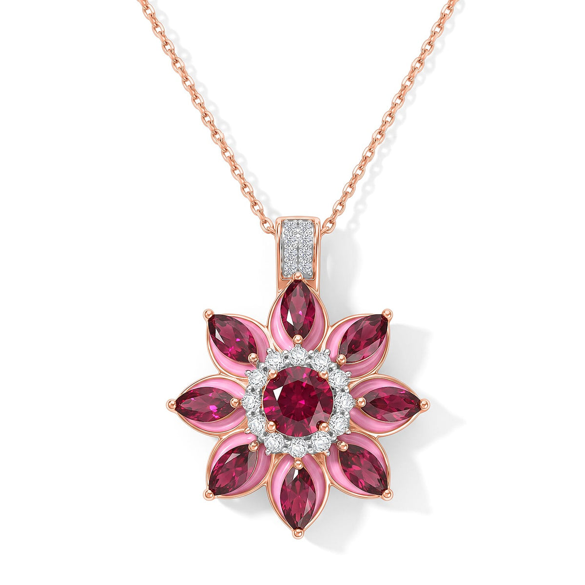 D'Joy Premium Orissa Rhodolite Garnet, Moissanite Berry Bloom Halo Pendant Necklace (20 Inches) in 18K Vermeil RG Over Sterling Silver 3.75 ctw