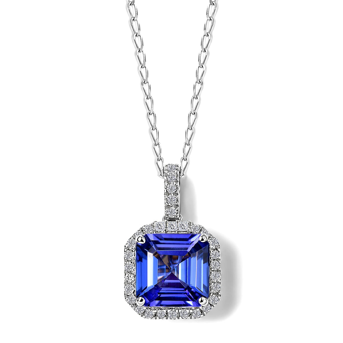 Certified & Appraised Rhapsody 950 Platinum AAAA Asscher Cut Tanzanite, Diamond (E-F, VS) (0.36 cts) Pendant Necklace (18 Inches) 3.87 ctw
