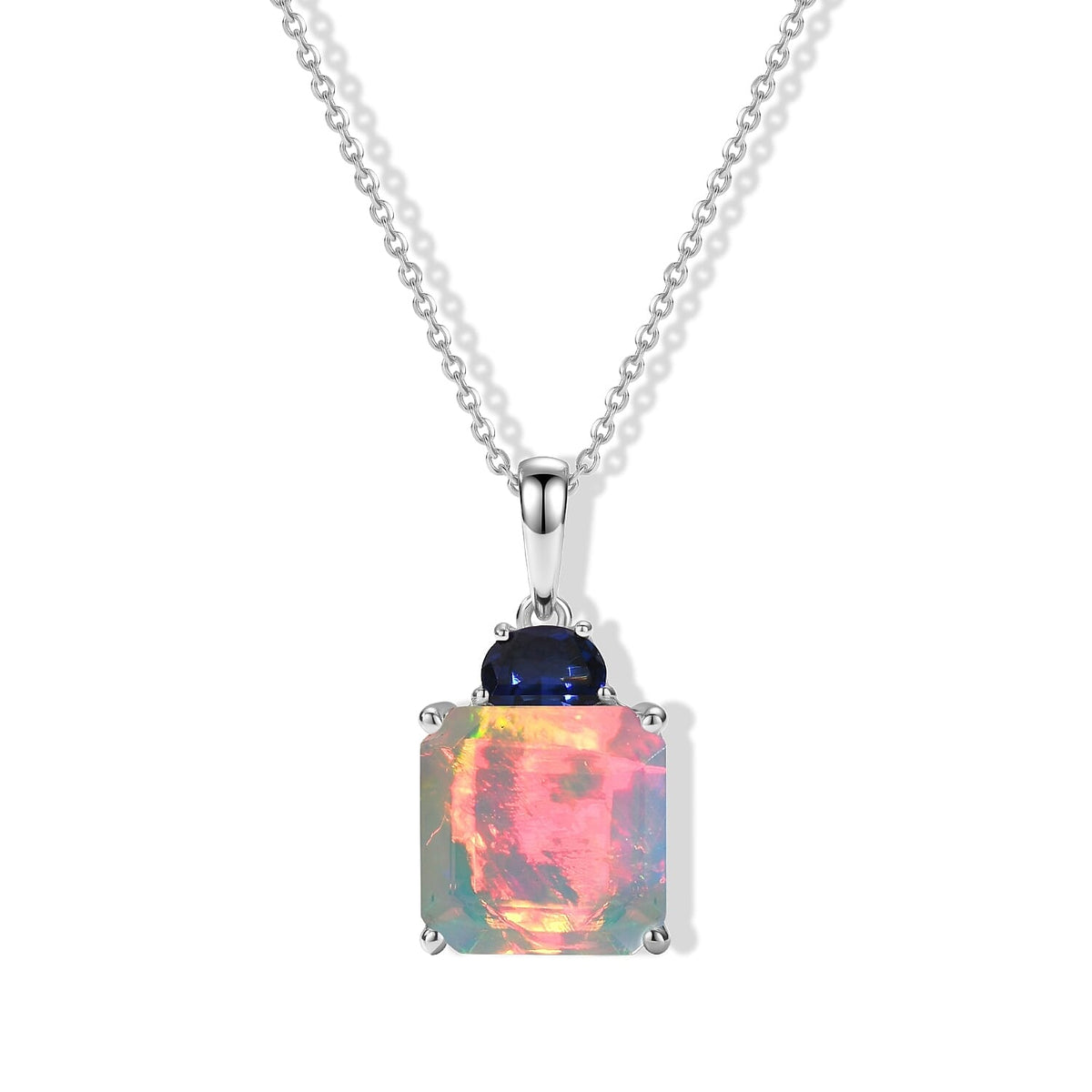 D'Joy AAA Ethiopian Welo Opal and Lab Grown Emerald 4.70 ctw Pendant Necklace (20 Inches) in Rhodium Over Sterling Silver