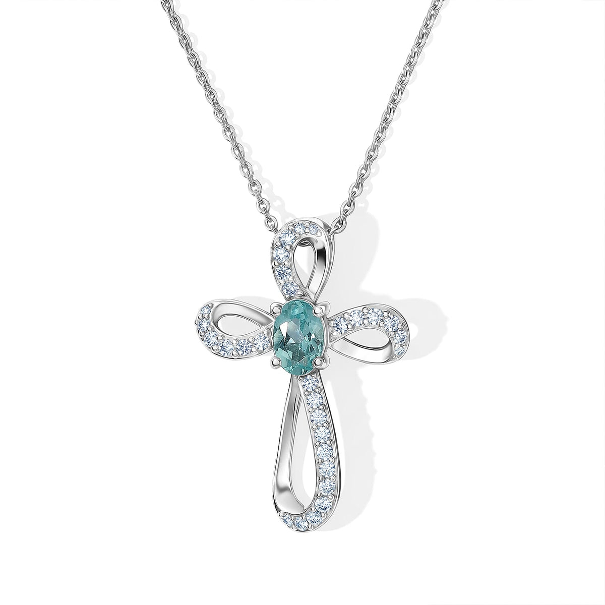 D''Joy Blue Apatite, White Zircon Cross Pendant in Rhodium Over Sterling Silver with Stainless Steel Necklace (20 Inches) 0.80 ctw