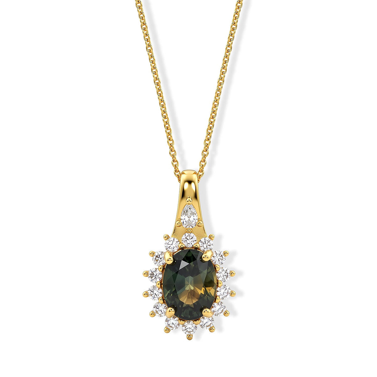 D'Joy Premium Green Sapphire and Moissanite 2.20 ctw Pendant Necklace in 18K Vermeil Yellow Gold Over Sterling Silver 20 Inches