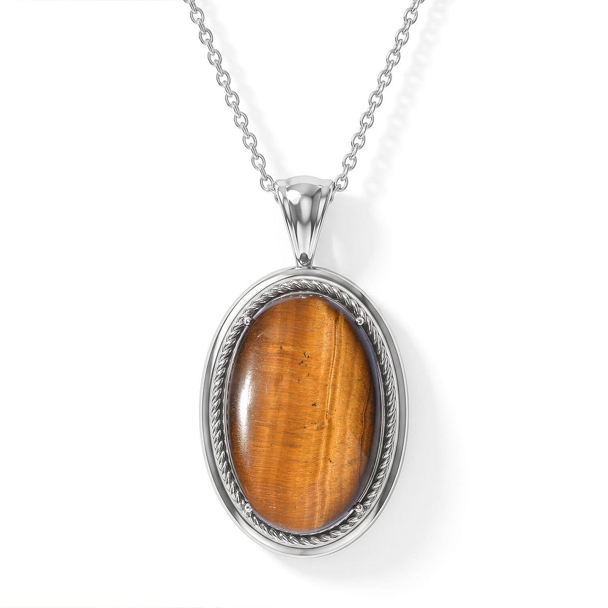 EverTrue Tigers Eye 30.60 ctw Pendant Necklace in Stainless Steel 20 Inches