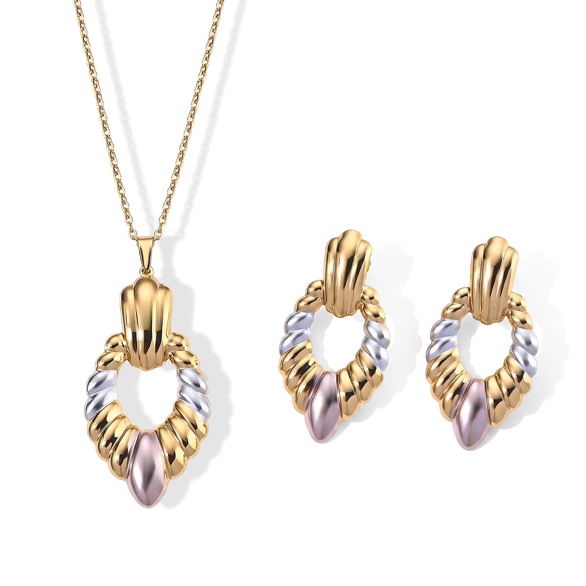 Teardrop Necklace (20-22 Inches) and Earrings in ION Plated YRG and Stainless Steel