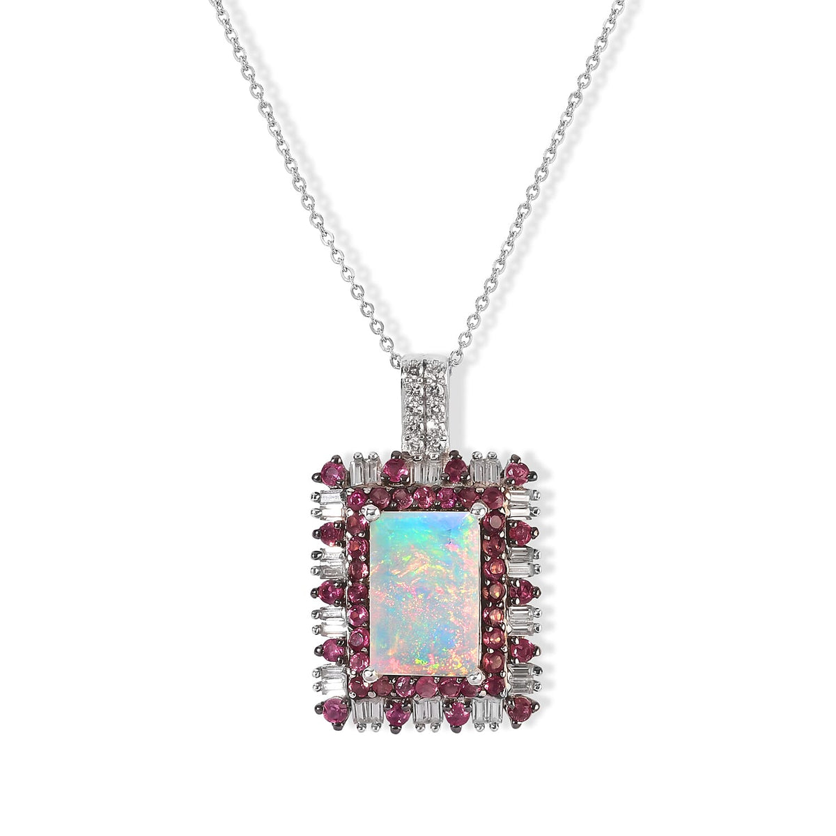 D'Joy Premium Ethiopian Welo Opal, Multi Gemstone Pendant Necklace (20 Inches) in Rhodium Over Sterling Silver 3.75 ctw