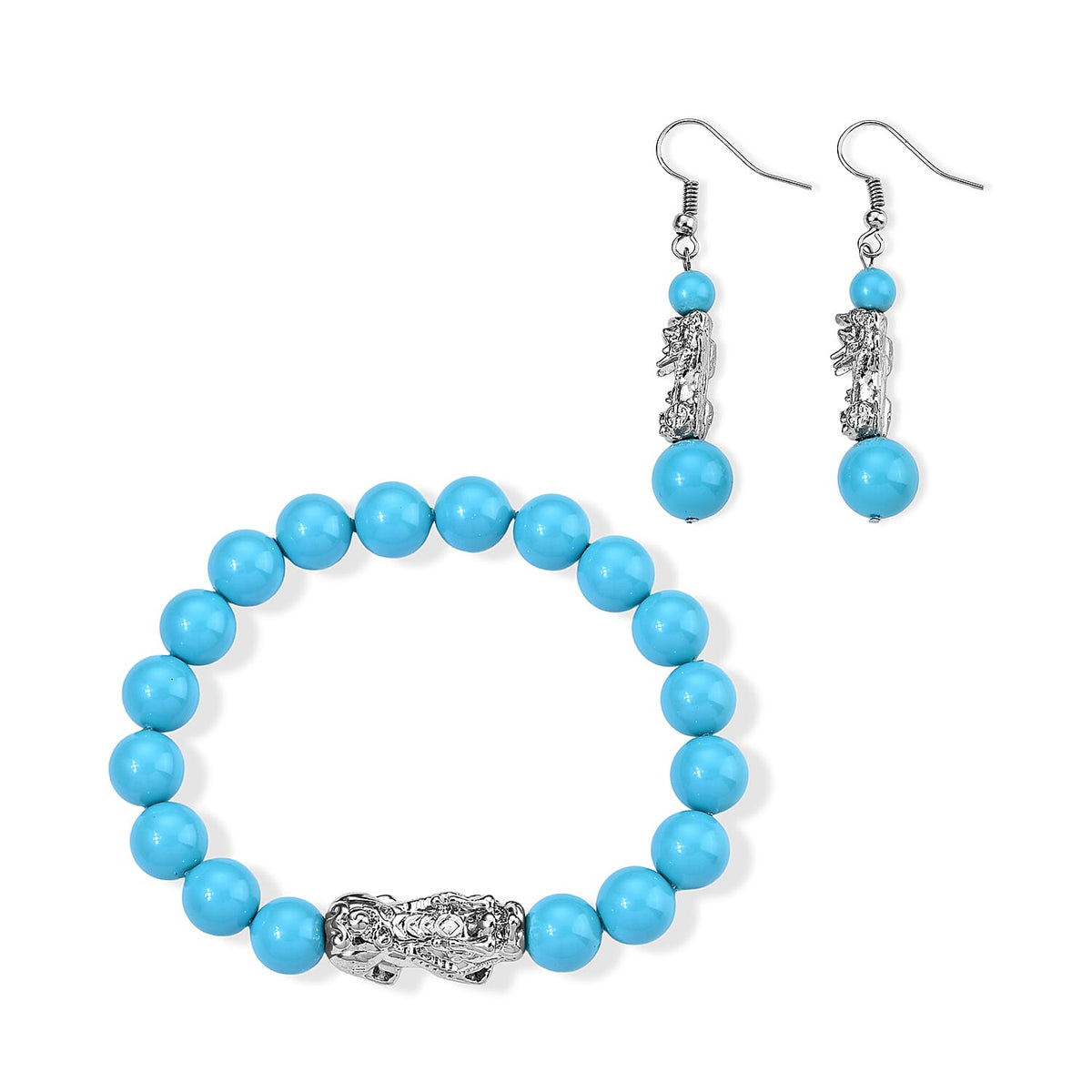White Shell Pearl Bracelet (7-7.5In) and Earrings in Silvertone
