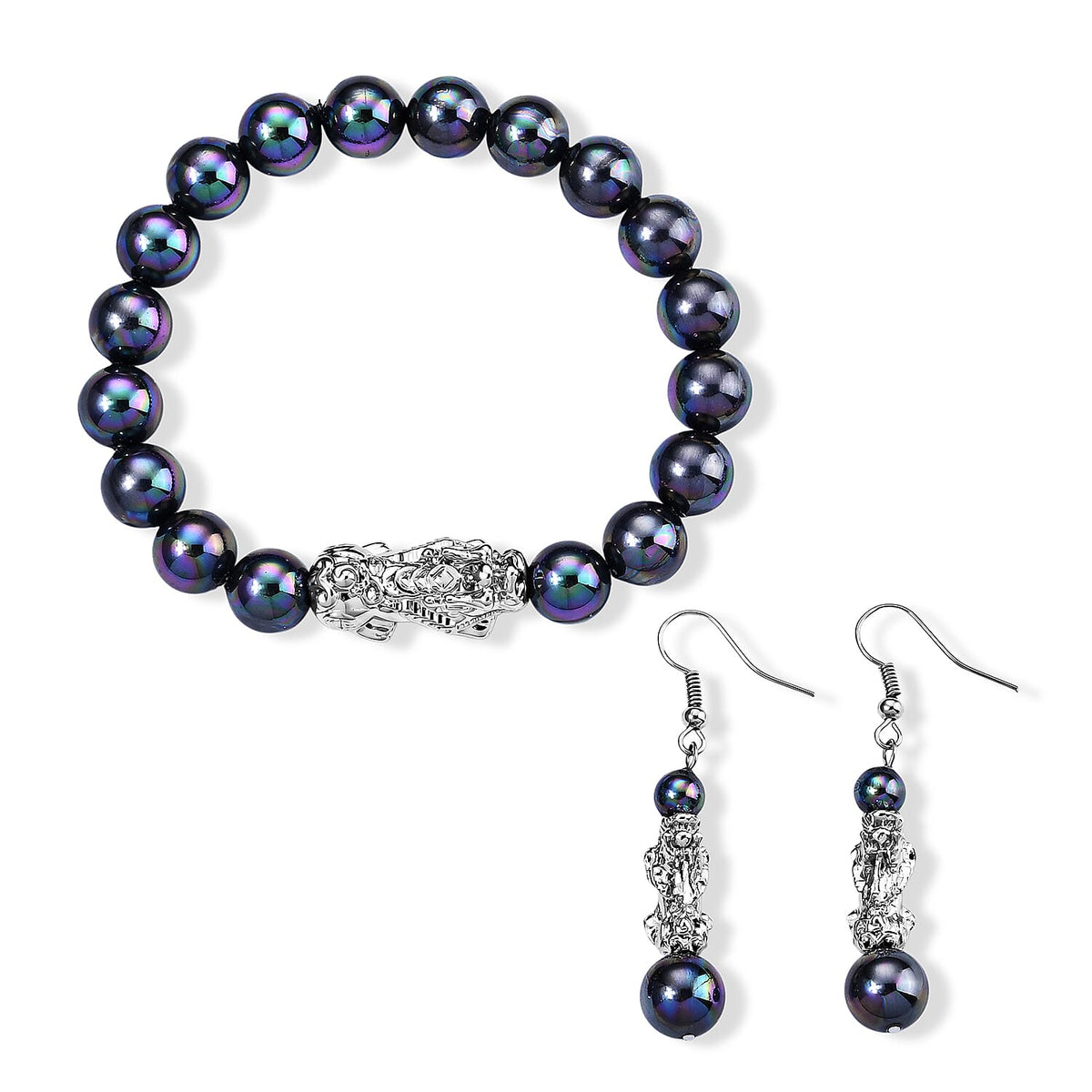 White Shell Pearl Bracelet (7-7.5In) and Earrings in Silvertone