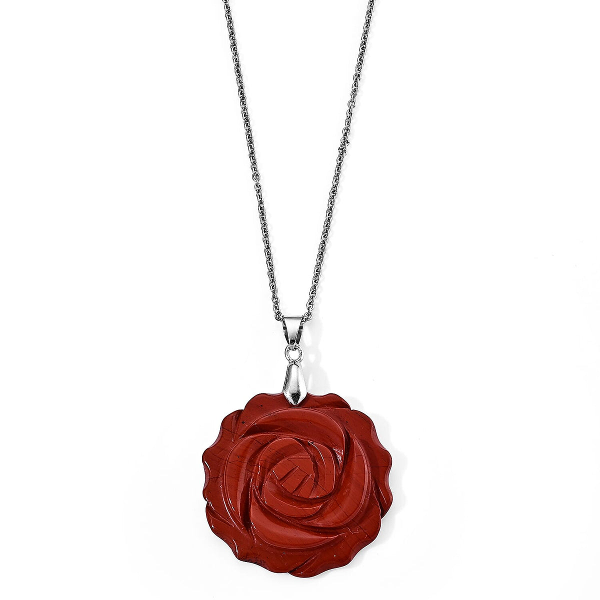 Red Aventurine 50.00 ctw Rose Pendant in Silvertone with Stainless Steel Necklace 20 Inches
