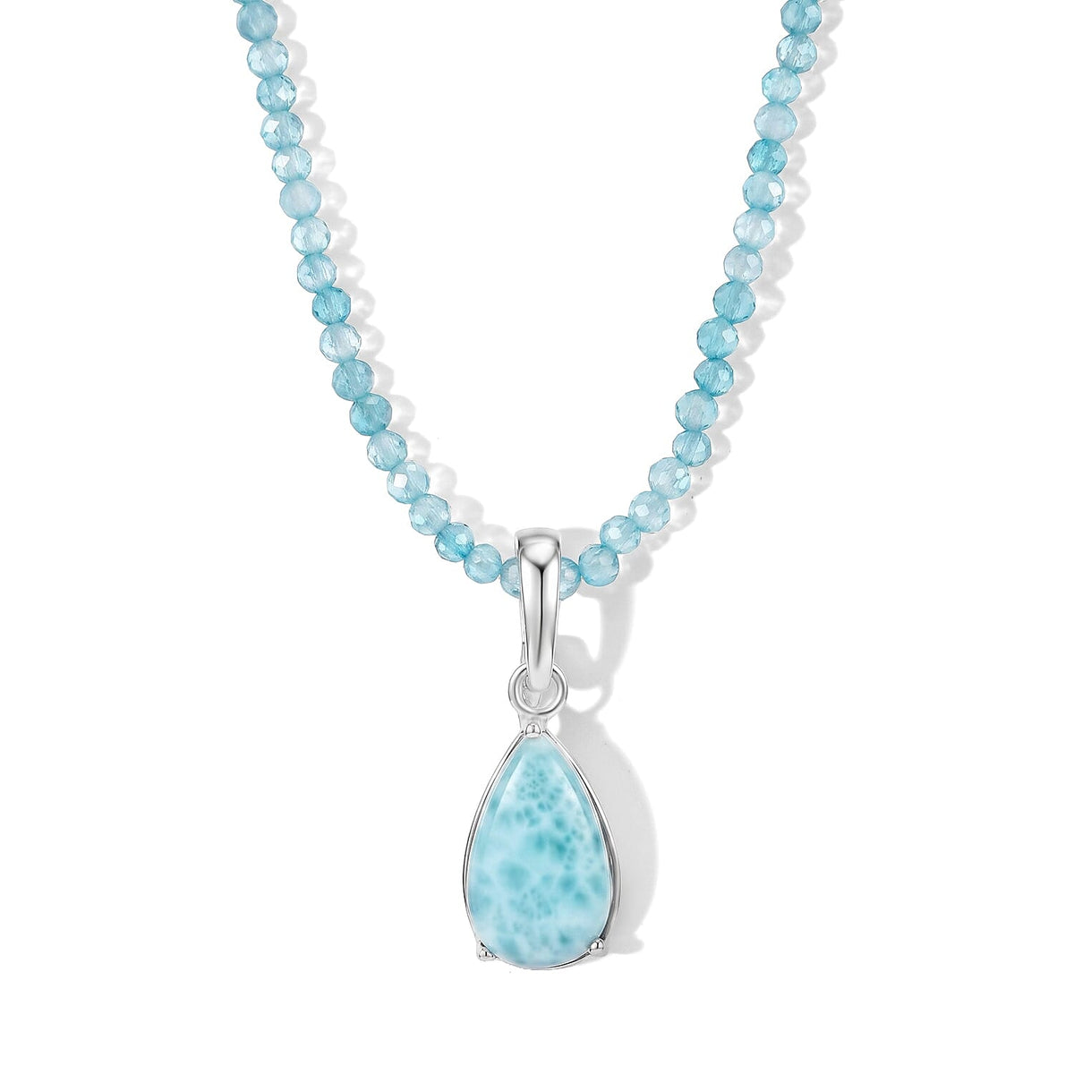 D''Joy AAA Larimar and Apatite 37.75 ctw Pendant with Beaded Necklace in Rhodium Over Sterling Silver 20 Inches