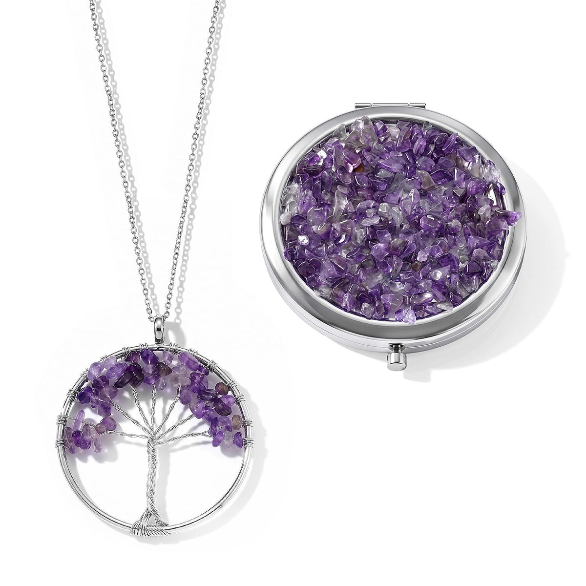Blue Howlite and Glass 43.00 ctw Mirror and Tree of Life Pendant Necklace in Silvertone 20-22 Inches