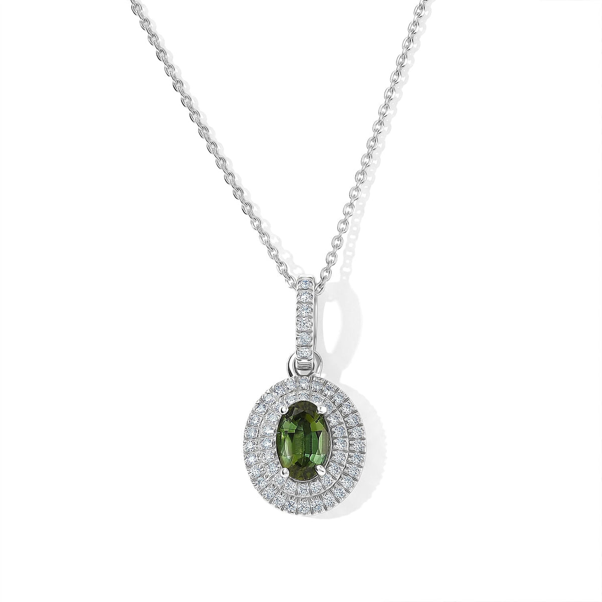 D''Joy AAA Sapo Green Tourmaline, Moissanite Pendant Necklace (20 Inches) in Rhodium Over Sterling Silver 0.90 ctw