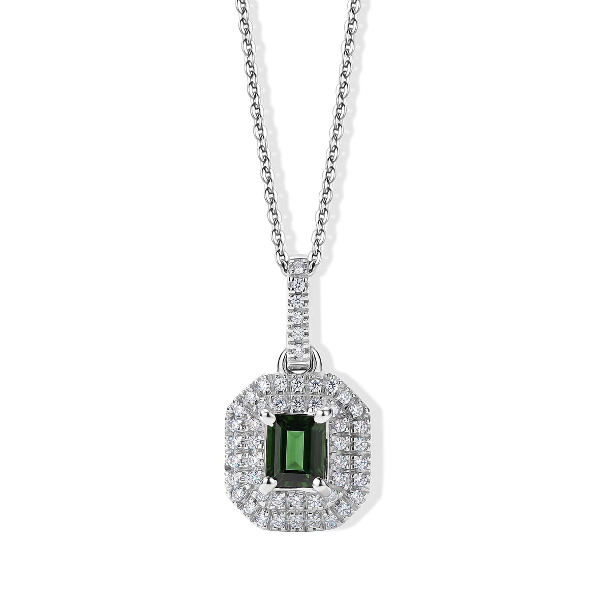 D''Joy AAA Sapo Green Tourmaline, Moissanite Pendant Necklace (20 Inches) in Rhodium Over Sterling Silver 0.90 ctw