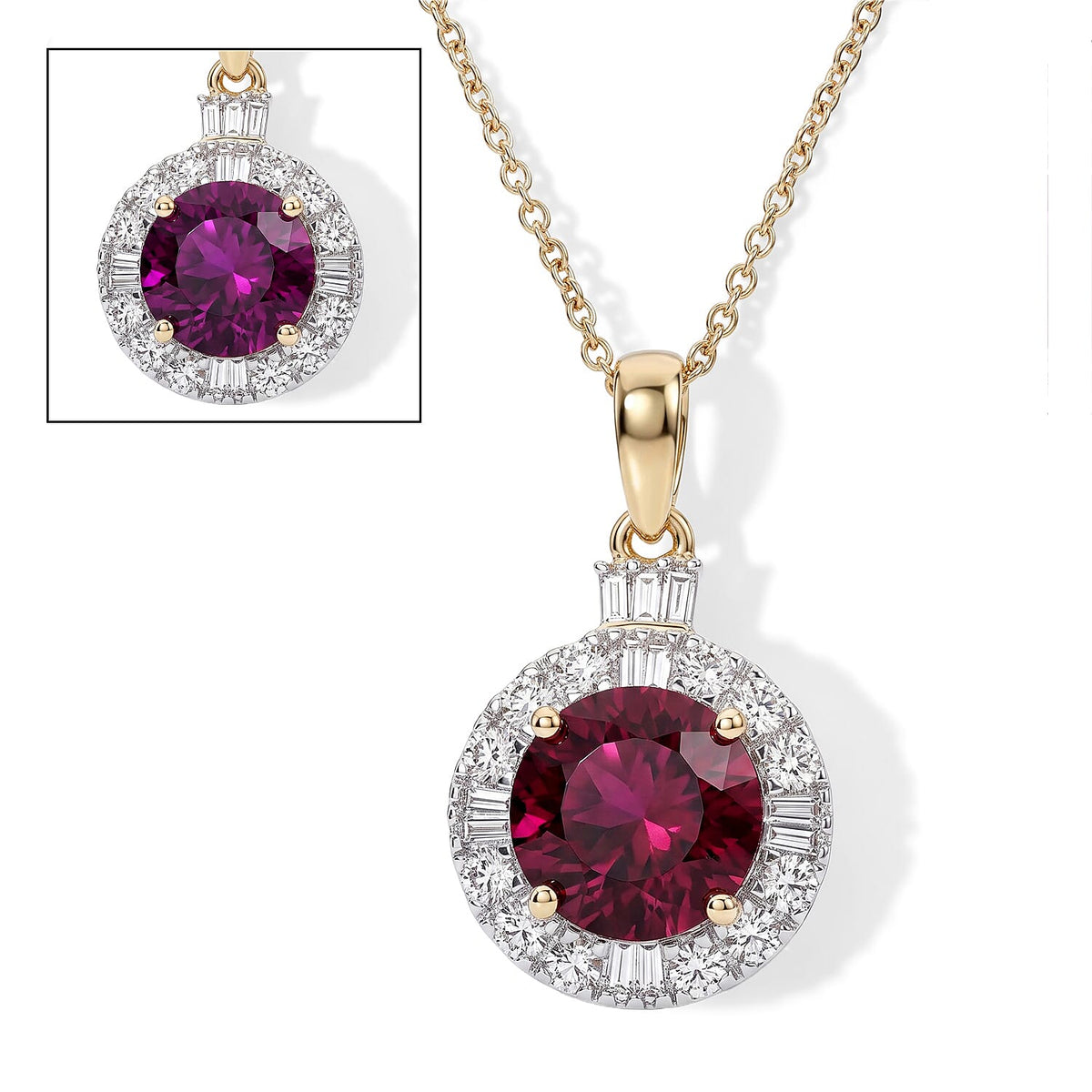 Certified & Appraised 10K Yellow Gold AAA Usambara Color Change Garnet, Luxuriant Lab Grown Diamond (GH, SI) (0.53 cts) Pendant Necklace (18 Inches) 3.50 ctw