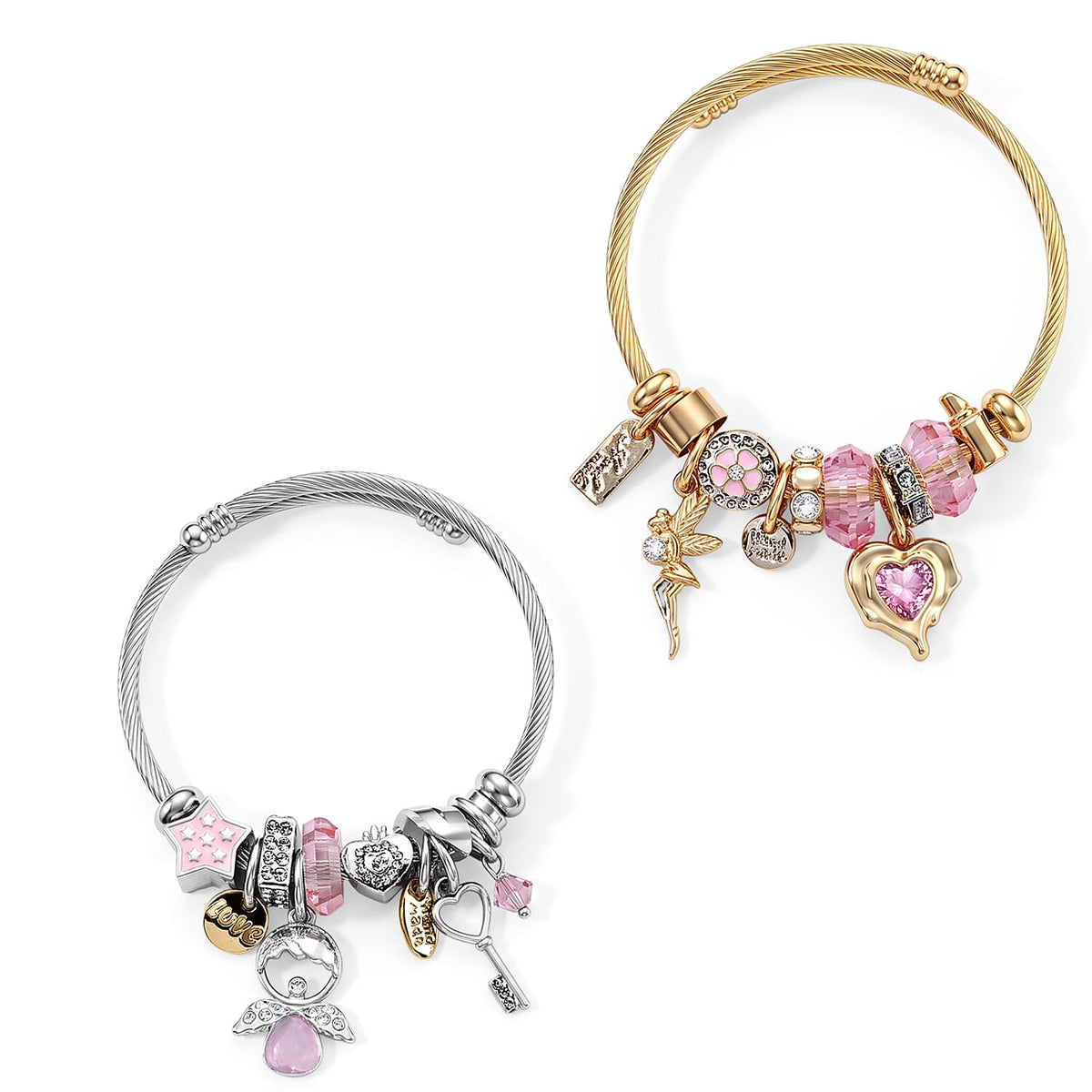 Set of 2 Lab Created Yellow Cat's Eye, Multi Gemstone Butterfly Bangle Bracelet in ION Plated YG and Stainless Steel (Adjustable) 0.06 ctw