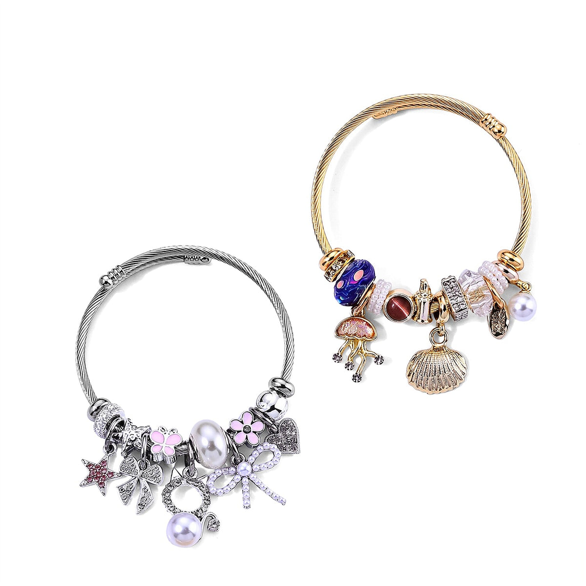 Set of 2 Lab Created Yellow Cat's Eye, Multi Gemstone Butterfly Bangle Bracelet in ION Plated YG and Stainless Steel (Adjustable) 0.06 ctw