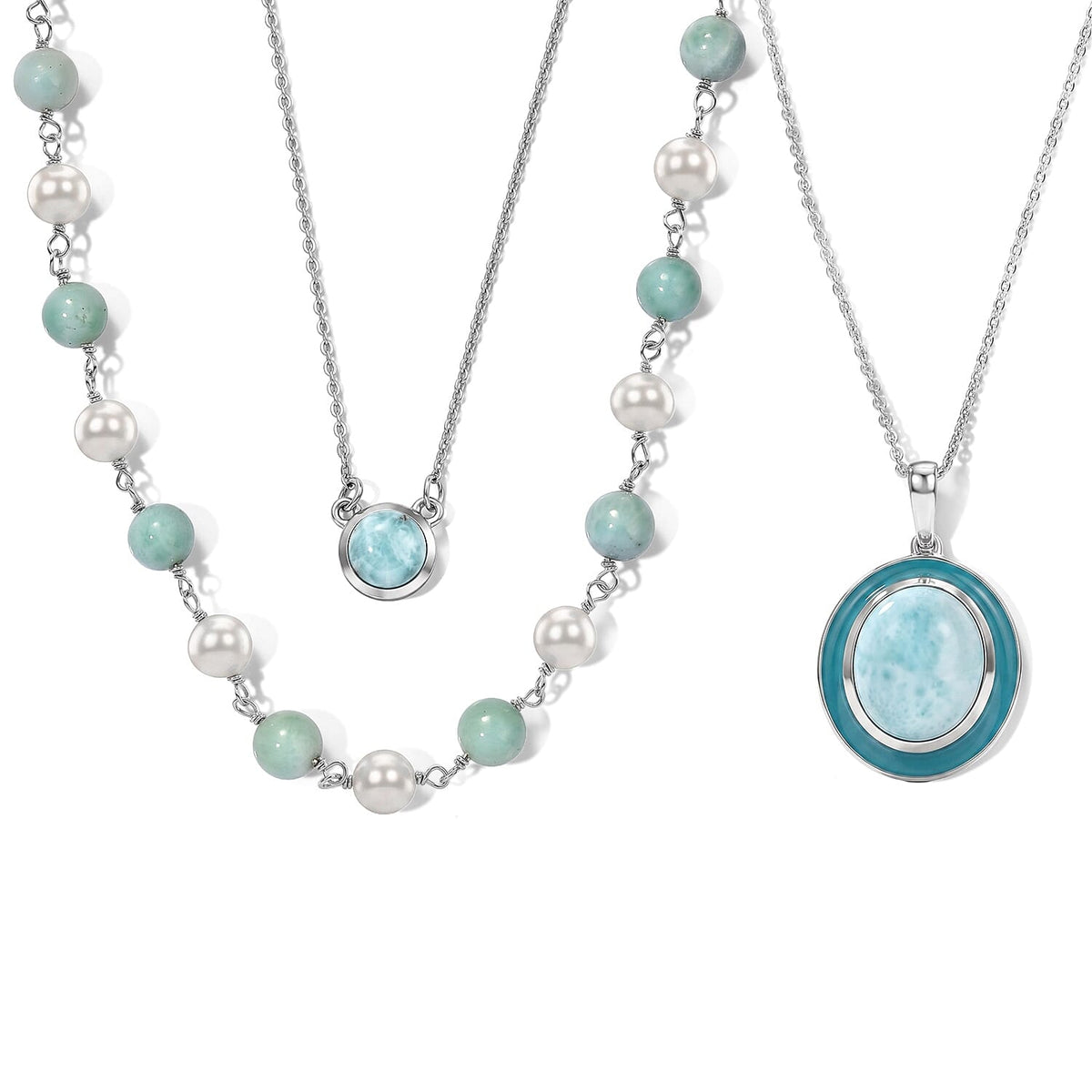 D''Joy Larimar, Freshwater Pearl 2pcs Set Necklace (18 Inches) and Pendant Necklace (20 Inches) in Rhodium Over Sterling Silver 13.70 ctw