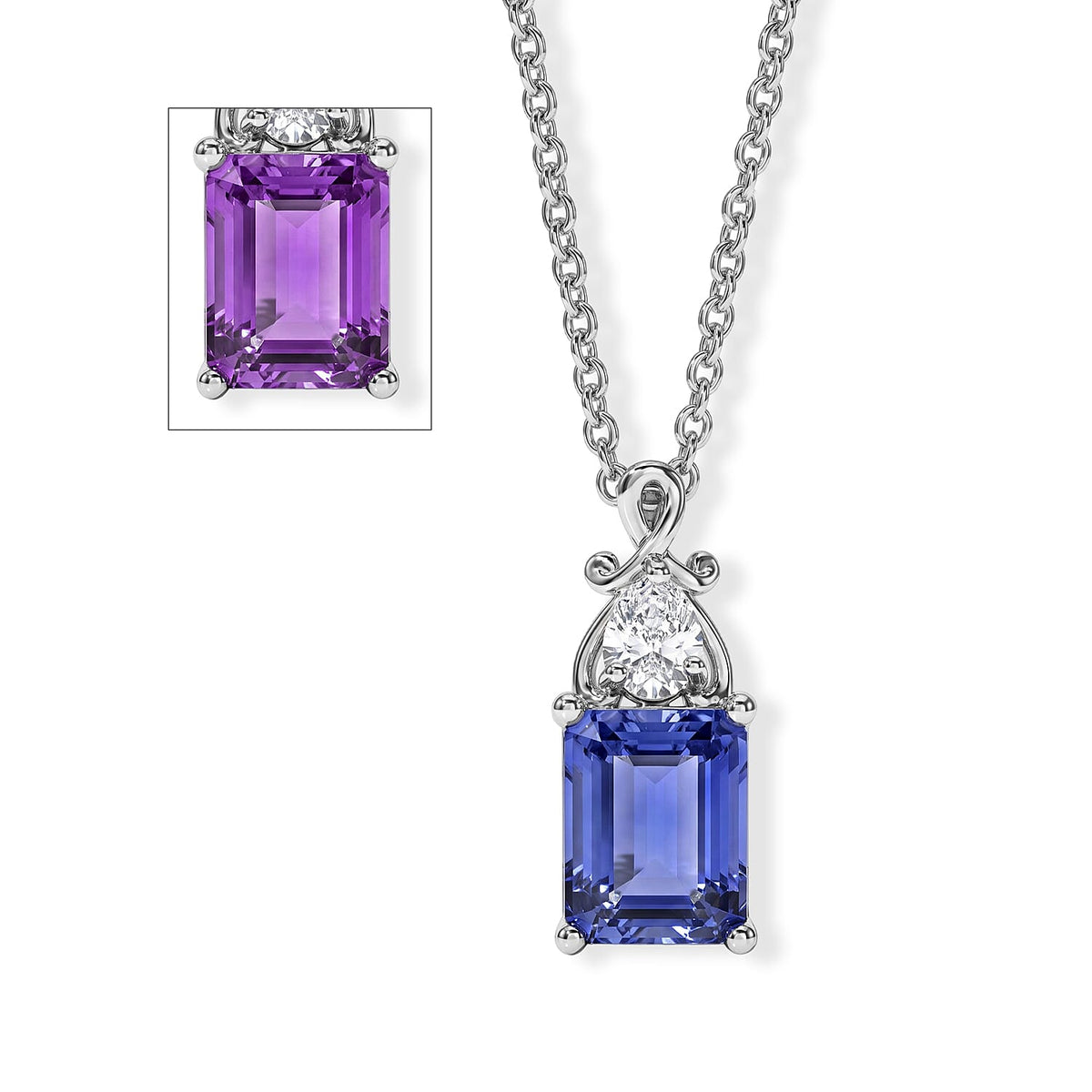 EverTrue Color Change Fluorite and Simulated Diamond 3.50 ctw Pendant in Platinum Bond with Stainless Steel Necklace 20 Inches