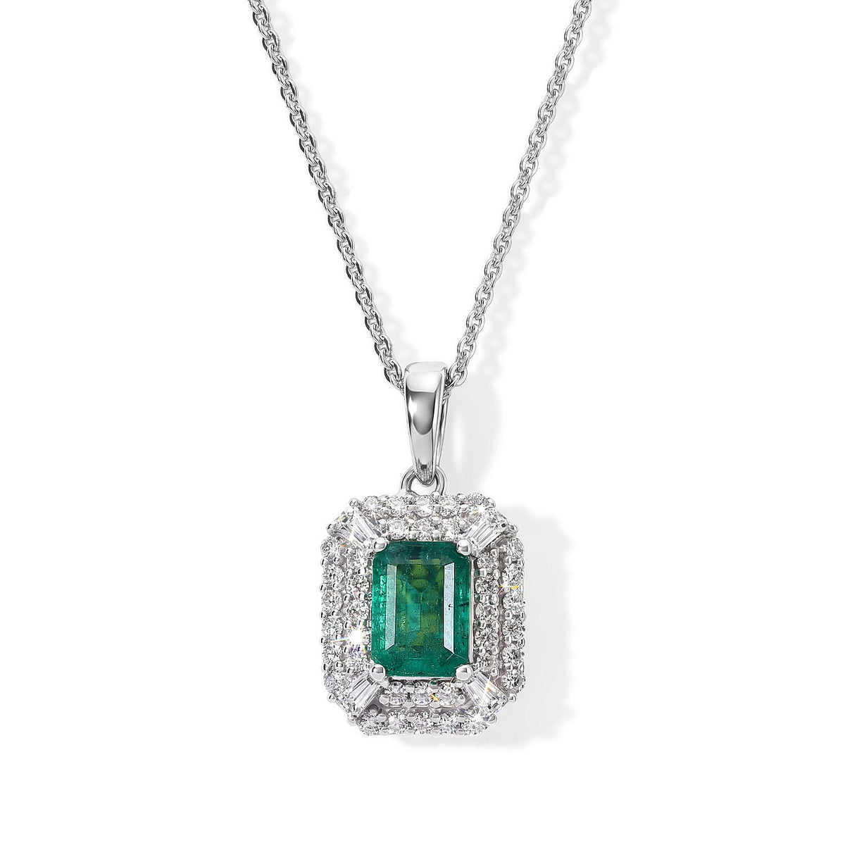 Certified and Appraised D''Joy Premium Kagem Zambian Emerald, Moissanite Pendant Necklace (18 Inches) in Rhodium Over Sterling Silver 1.40 ctw